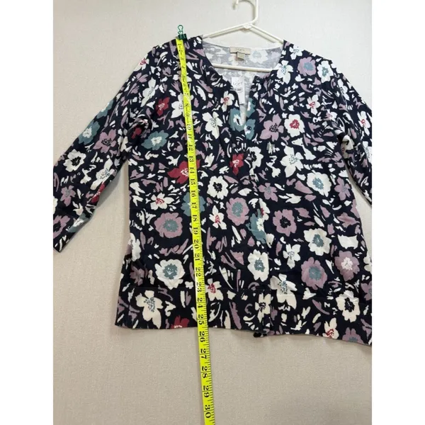 LOFT Navy Floral Button-Front Cardigan with Pink, Teal and White Blooms - Image 3