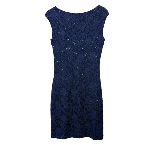 Ralph Lauren Navy Blue Sequin Lace Cowl Neck‎ Sheath Sleeveless Dress Size 10 - Image 7