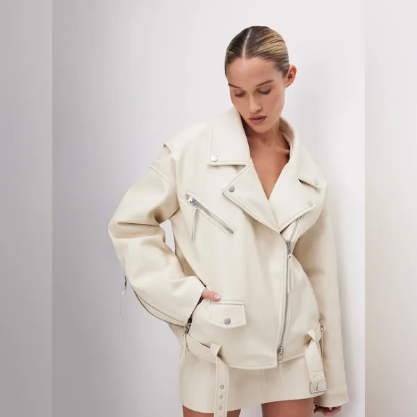 Good American Oversized Faux‎ Leather Moto Jacket- White Womens XXS - Image 2