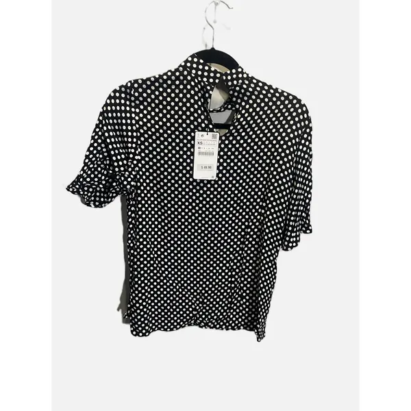 Zara Polka Dot Blouse Womens XS Black White Mock Neck Ruffle Short Sleeve Retro‎ - Image 5