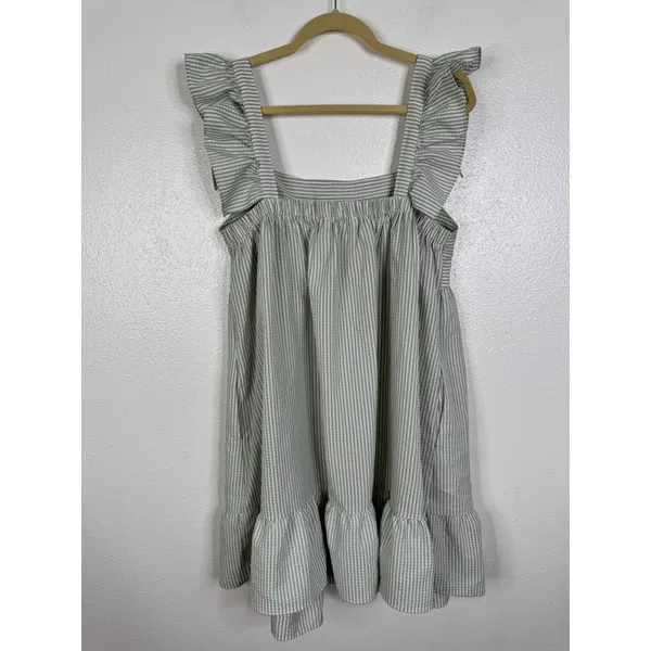 Ces Femme Green White Striped Seersucker Ruffle Babydoll Mini Dress Large - Image 2