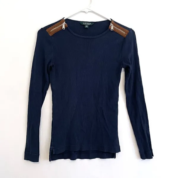 LAUREN RALPH LAUREN LRL Gacy Zip Shoulder Crew Navy Blue Long Sleeve Cotton Top - Image 2