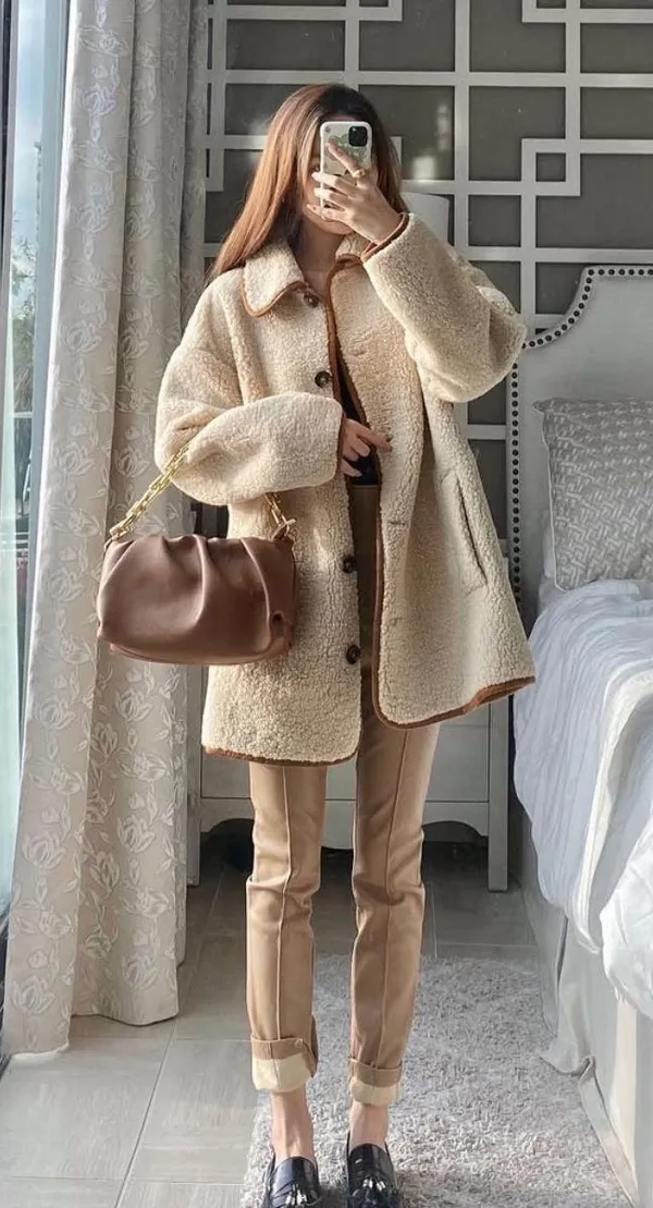 ZARA Tan Brown Cream Sherpa Suede Leather Button Down Coat Jacket - Image 2