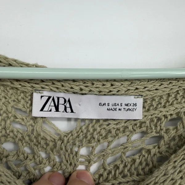 Zara Women Crochet Open Knit Sweater Sage Green‎ Long Sleeve Size S Boho Top - Image 4