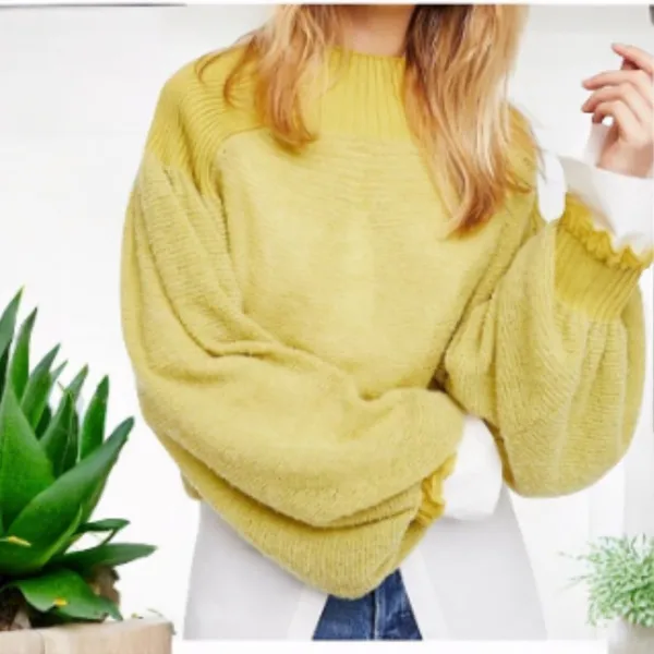 Free People Chartreuse Balloon Sleeve Sweater Cozy Chic Crew Neck Small S - Image 3