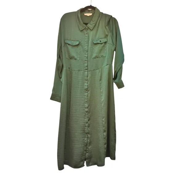 Lucky Brand Jewel Green Satin Shirt Dress XL Utility Long Sleeve Midi Pockets - Image 4