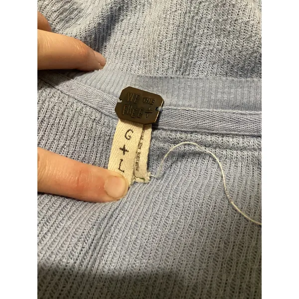 We The Free Free People Blue Waffle Knit Thermal Henley Embroidered Trim Top L - Image 5
