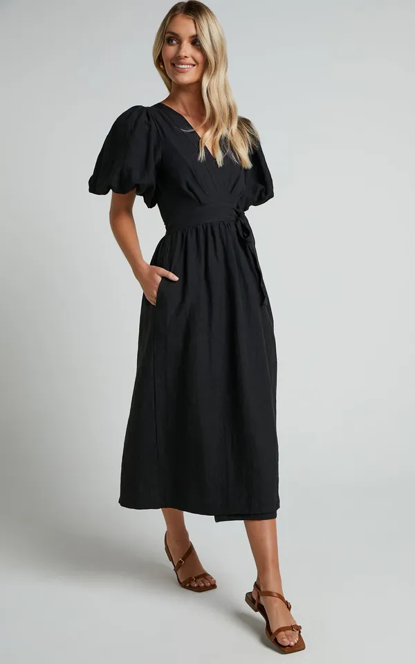 New SHOWPO Amalie The Label - Franc 100% Linen Puff Sleeve Wrap Midi Dress XL - Image 4