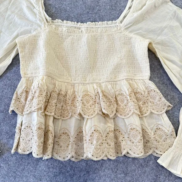 American‎ Eagle Cream Eyelet Embroidered Smocked Peasant Top Prairie Western NWT - Image 3