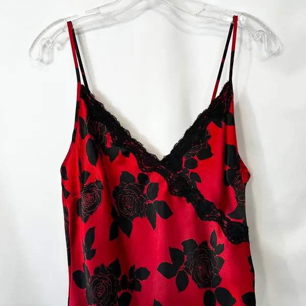 Satin Gown Medium Nightgown Slip Nightie Babydoll Red Black Rose Lace Trim‎ 1810 - Image 4