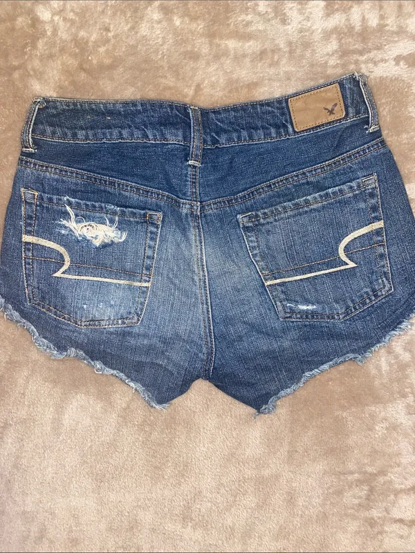 American Eagle Outfitters Dark Blue Distressed Denim Shorts with Lace Inset - Image 4