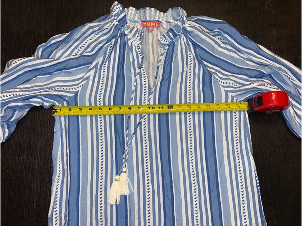 THML Thalia Blue & White Striped Tie-Neck Blouse Coastal Prep Boho Flair - Image 4