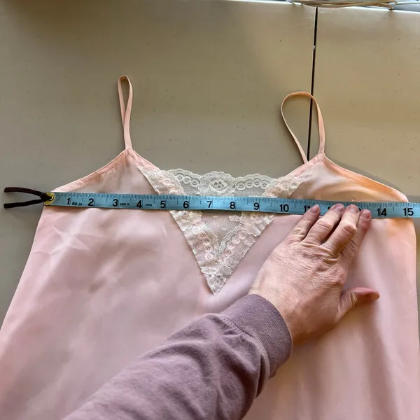 Vintage 1970s Handmade Pale Pink Lace Trim Silky Slip Lingerie Dress - XS - Image 7
