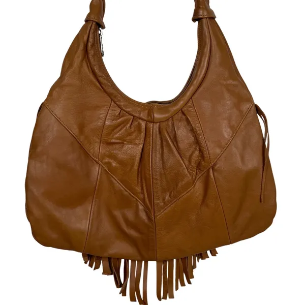 VTG Brown Genuine Leather Fringe Hobo Bag Boho Crossbody Made in Mexico Western - Image 3