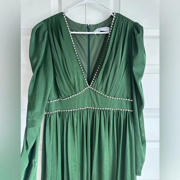 Mac Duggal 55702 Satin Puff Shoulder Rhinestone Encrusted Gown Green‎ 10 NEW - Image 5