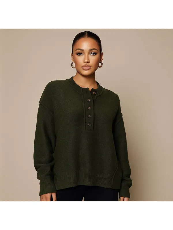 Fashion Crewneck Button Sweater Green - Image 2
