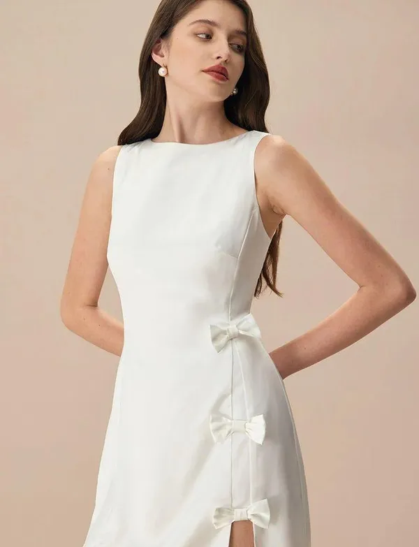 RIHOAS The White Boat Neck Bowknot Satin Mini Dress - Image 4