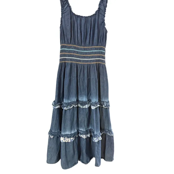 Lapis Womens Blue Denim Tiered Maxi Dress‎ Smocked Waist Ruffle Boho L Cottage - Image 2
