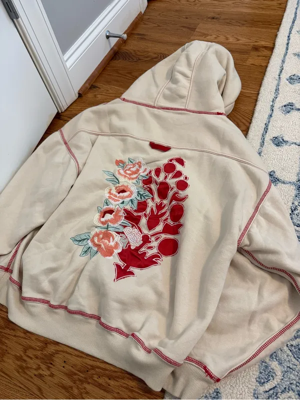 Free People Final Call Rose Logo Hoodie Floral Embroidered Sweatshirt Jacket XS - Image 11