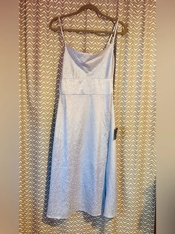 NWT Lulus | Fiercely Chic Light Blue Satin Jacquard Print Cowl Midi Dress, S - Image 4