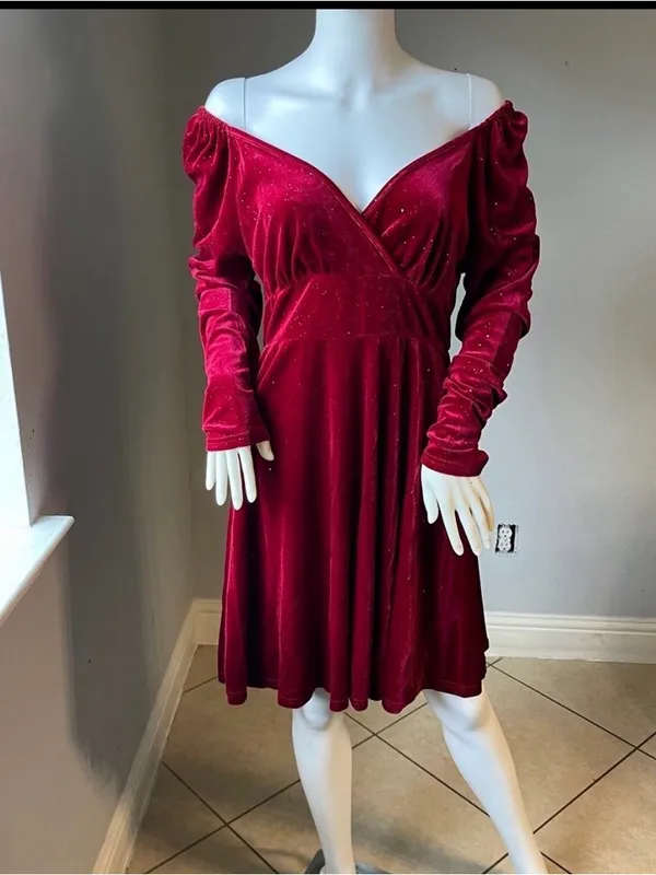Velvet Wrap-Style Long Sleeve Dress in Deep Wine - Image 2