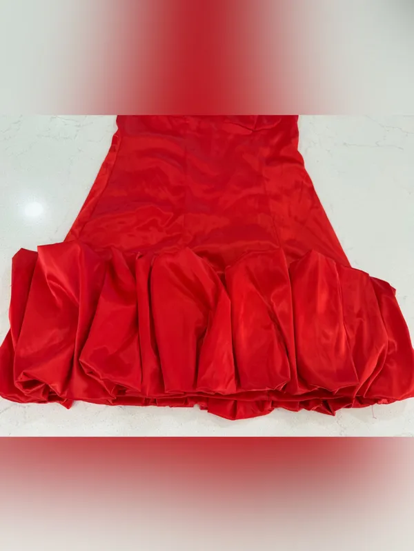 Satin Square-Neck Red Mini Dress with Ruffle Hem - Image 3