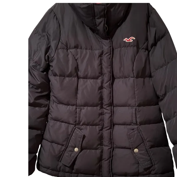 Hollister Puffer Jacket Black Red Lined Down Feather Fill Women's Medium - Image 2
