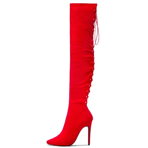 Forever Link New Red Stretchy Over The Knee Thigh High Boot Gold Studded Stiletto High Heel - Image 7