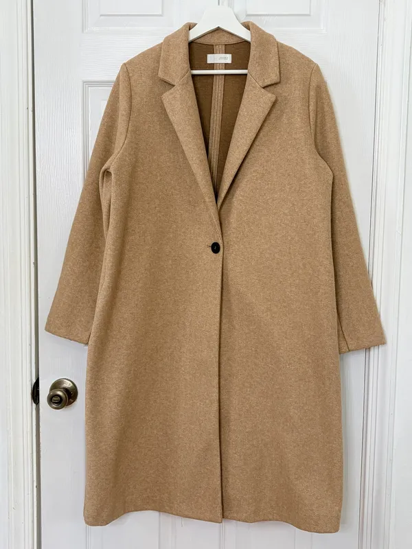 ZARA Women XL Camel Tan Long Coat Minimalist Quiet Luxury Single Button Overcoat - Image 2