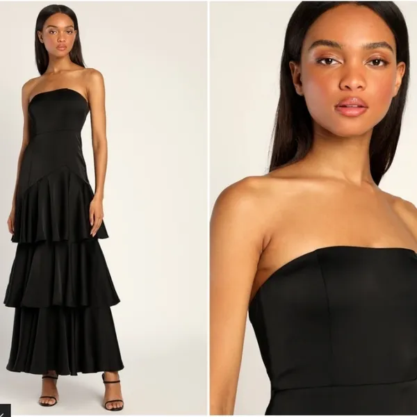 LULUS Prom Wedding Bridesmaid Tiered Ruffles Bohemian Satin Black Maxi Dress - Image 2