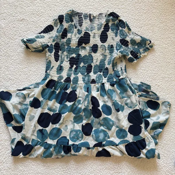 Breezy Boho Smocked Midi Dress - Blue Abstract Watercolor Polka Dot (100% Cotton - Image 2