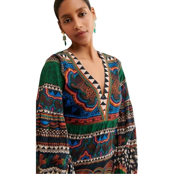 FARM Rio Safari Tiger Printed V-Neck Tunic /‎ Flowy Mini Dress Size Small - Image 2