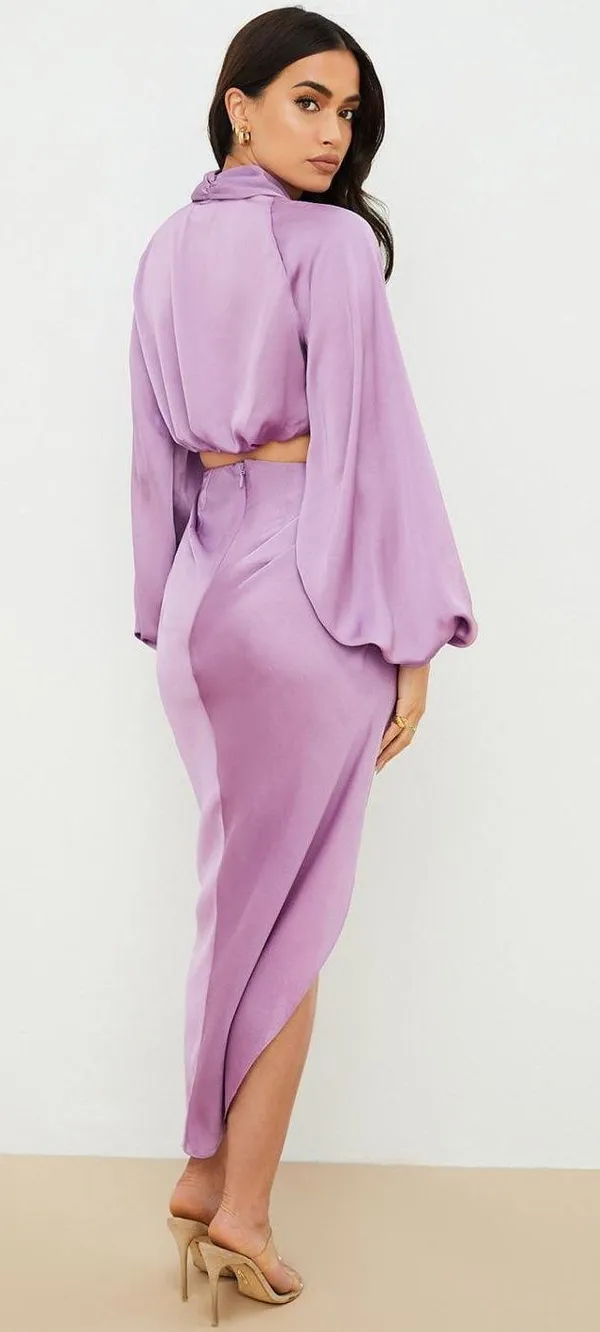 House Of CB CONSTANCE LILAC SILKY SATIN DRAPED SKIRT - Image 3