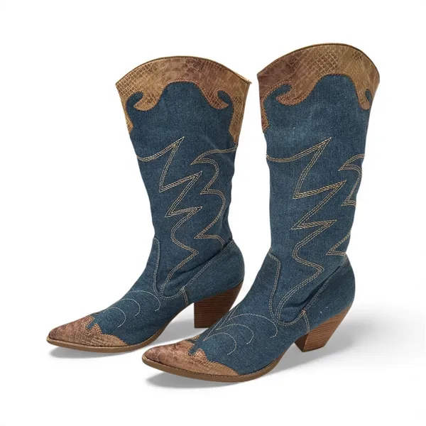 Dollhouse Blue and Brown Denim Heeled Boots - Image 7