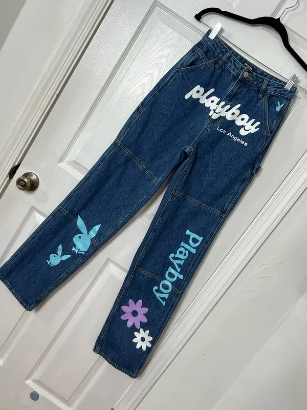 PacSun Playboy Los Angeles Graphic Jeans Womens 25 Y2K Straight Leg Denim Floral Bunny - Image 2