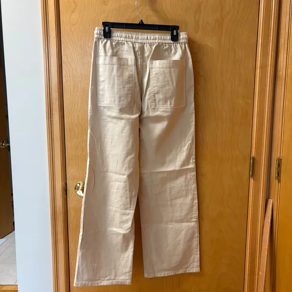 MNG Mango Wide Leg Pants Women Size S Beige Cotton Drawstring Utility Trousers - Image 5
