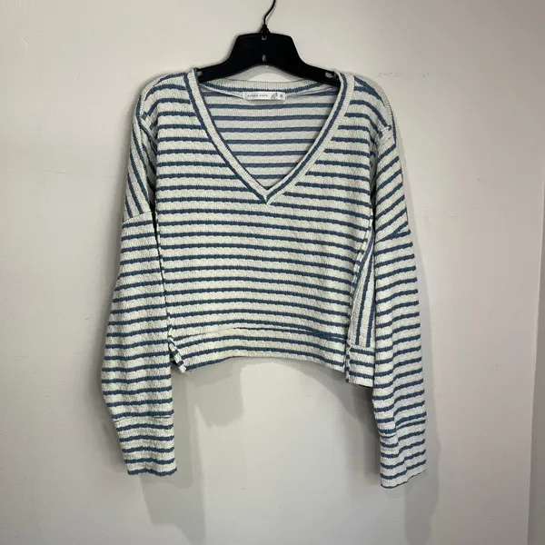 Altar’d State Raelynn V-Neck‎ Striped Sweater Top Cream Blue Sz XXL - Image 2