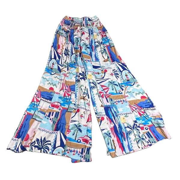 True Destinations Coastal Wide Leg Palazzo Pants Small Tropical Print Smocked - Image 13