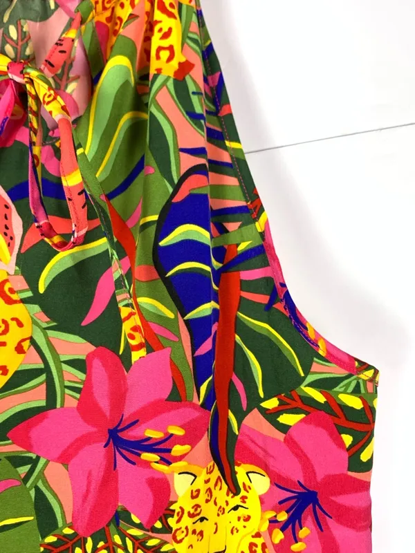 SHEIN Dress Women L Tropical Floral Jungle Print Halter Tie Neck Midi - Image 6