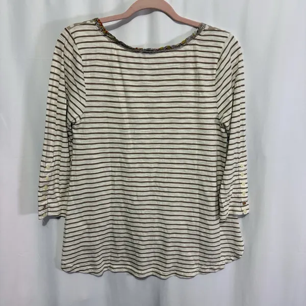 Postmark Anthropologie Mixed Print T-shirt Size M Beige Ivory Polka Dot Stripe - Image 6