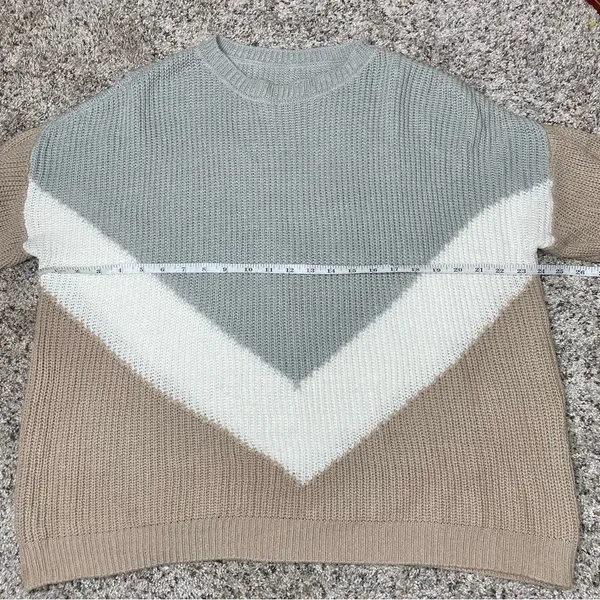 Unbranded Tan Grey White Colorblock Long Sleeve Crewneck Knit Sweater - Image 6