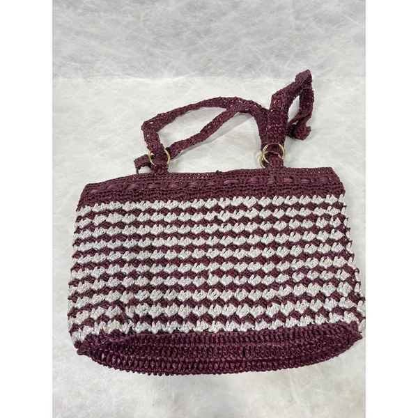 Vintage Handmade Purple White‎ Crochet Nylon Tote Bag Floral Heart Detail Boho - Image 3