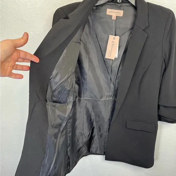 Philosophy Republic Clothing Open Blazer Jacket Size 6 Black Ruched 3/4 Sleeve - Image 3