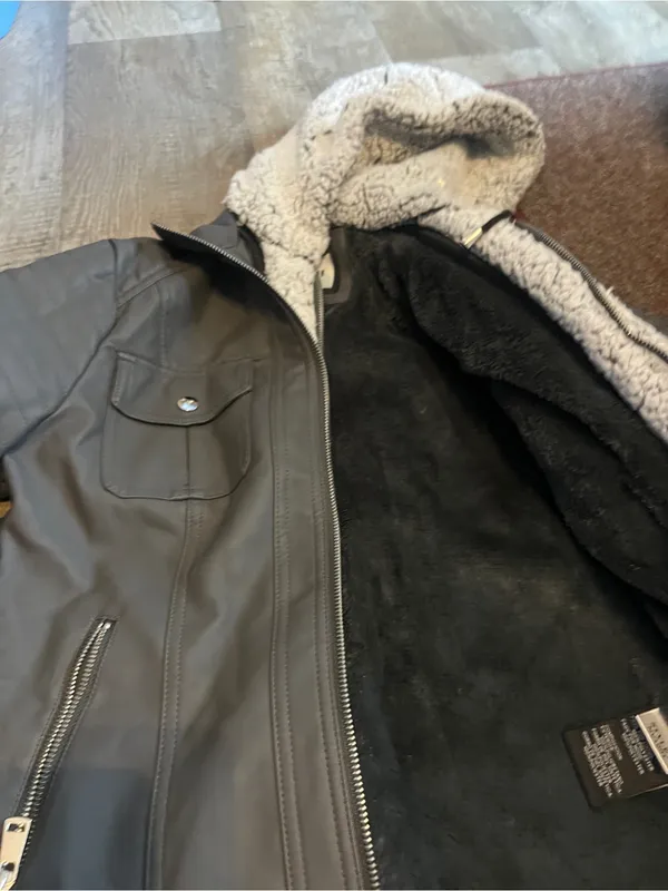 Novish Womens Gray Faux Leather Jacket with Sherpa Hood - Image 11