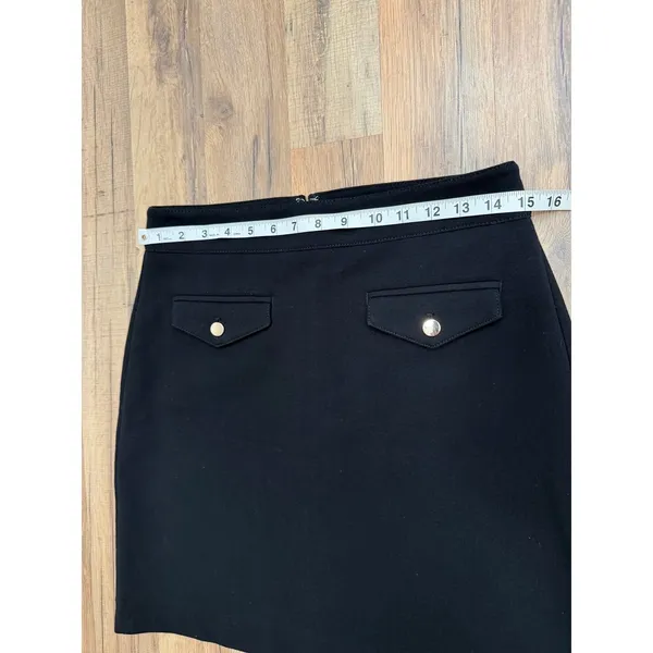 LOFT Black Pencil Skirt Size 4 Petite Gold Button Back Flap Detail - Image 8