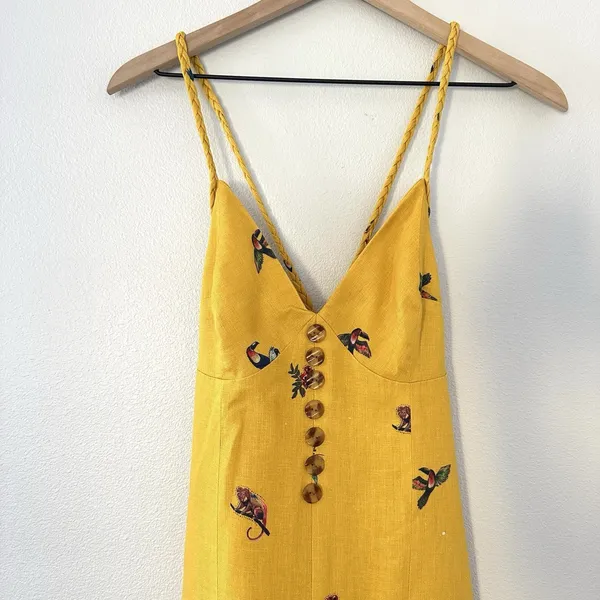 Farm Rio 100% Linen Jungle Tucanos Button Midi Yellow Embroidered Dress Sz XS - Image 6