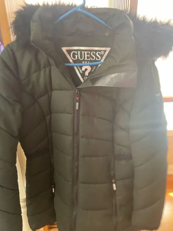 Guess Green Faux-Fur-Trim Hooded Puffer Coat sz L - Image 2