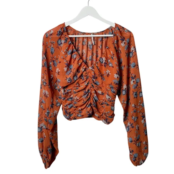 Free People New Final Rose Blouse Top Ruched Rust Orange Blue Floral Size XS - Image 5