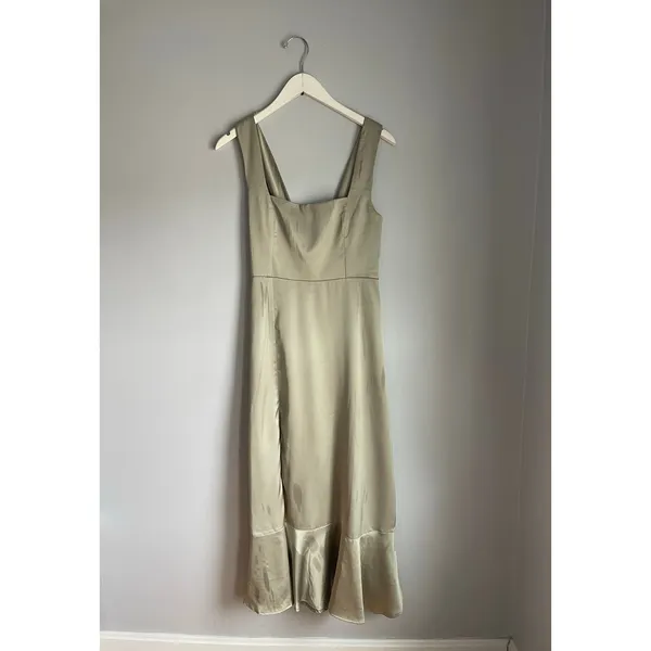 Show me Your Mumu Claire Midi Bridemaids Dress Moss Green Luxe Satin Waist Tie M - Image 8