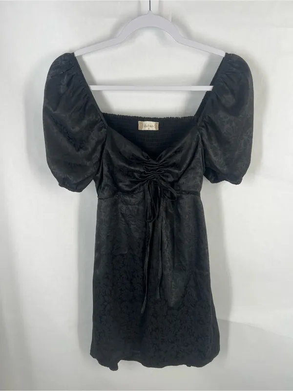 Title: Altar’d State Black Satin Floral Puff Sleeve Open Back Mini Dress M - Image 2